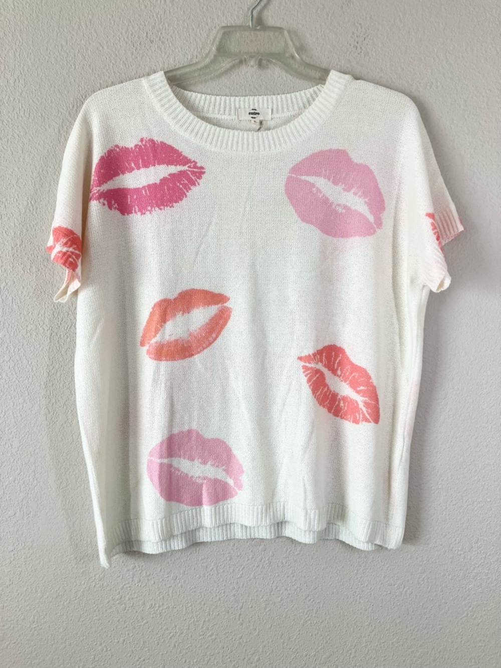 ENTRO Lip Print Lightweight Sweater L Novelty Kiss Graphic Quirky Chic Summer - Picture 2 of 9